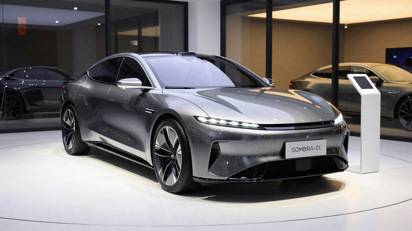 Carro elétrico cinza moderno exposto em showroom com iluminação suave e design aerodinâmico elegante.