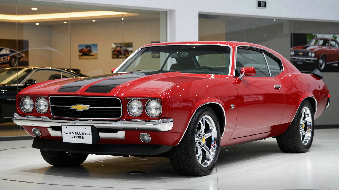 Carro clássico vermelho Chevrolet Chevelle SS 2026 em exposição interna, com detalhes pretos no capô e rodas cromadas.