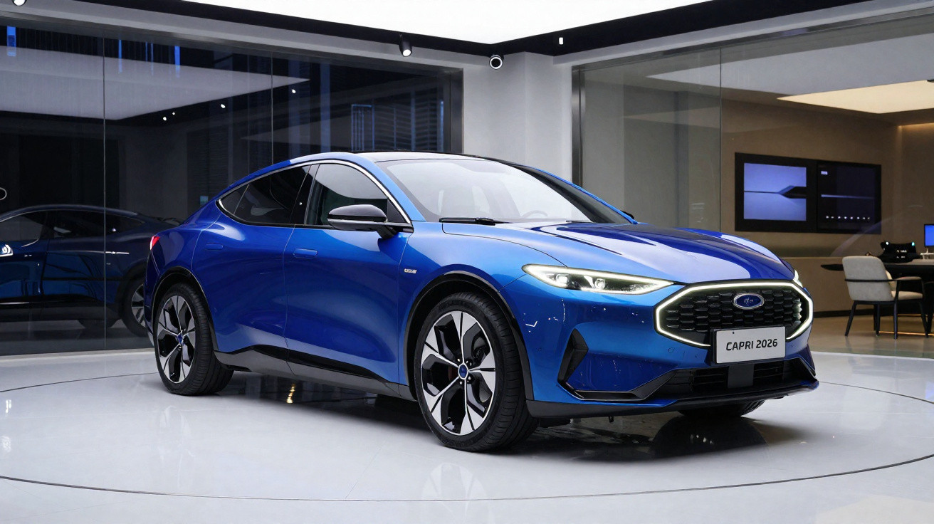 Carro esportivo azul Ford Capri 2026 em exposição interna moderna com piso branco e paredes de vidro.