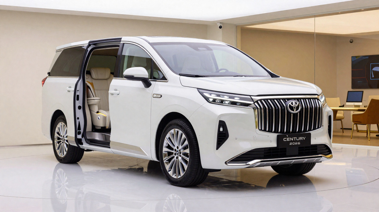 Minivan branca Toyota Century 2026 com porta lateral aberta e interior bege em showroom moderno.