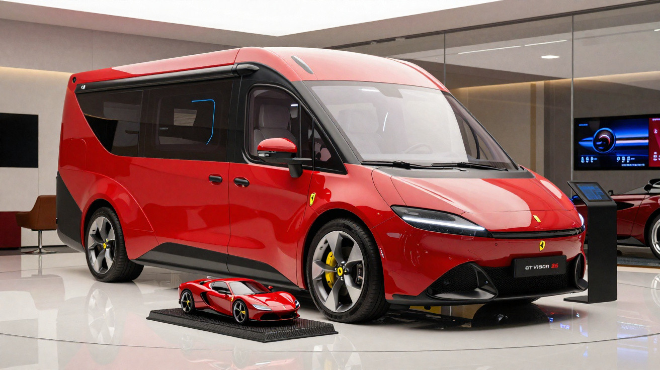 Minivan esportiva vermelha Ferrari GT Vision 26 exposta em showroom, com modelo em miniatura ao lado.