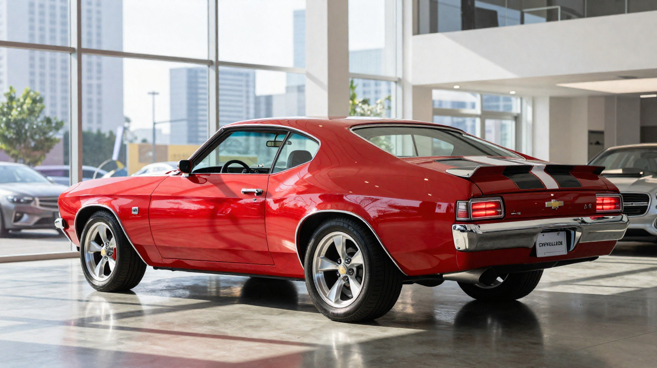 Carro esportivo Chevrolet Chevelle SS vermelho em exposição em showroom moderno com vidro e iluminação natural.