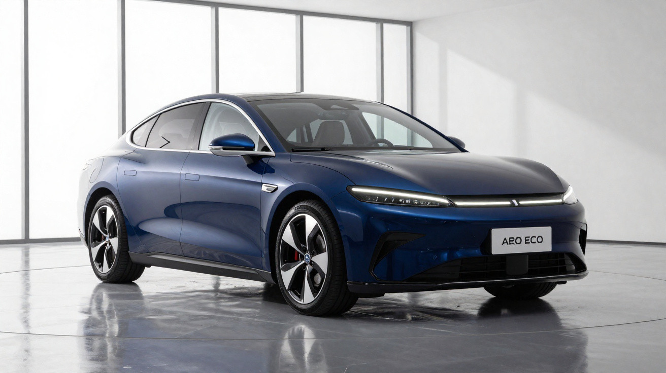 Carro elétrico azul modelo AERO ECO estacionado em ambiente interno com piso refletivo e paredes brancas.