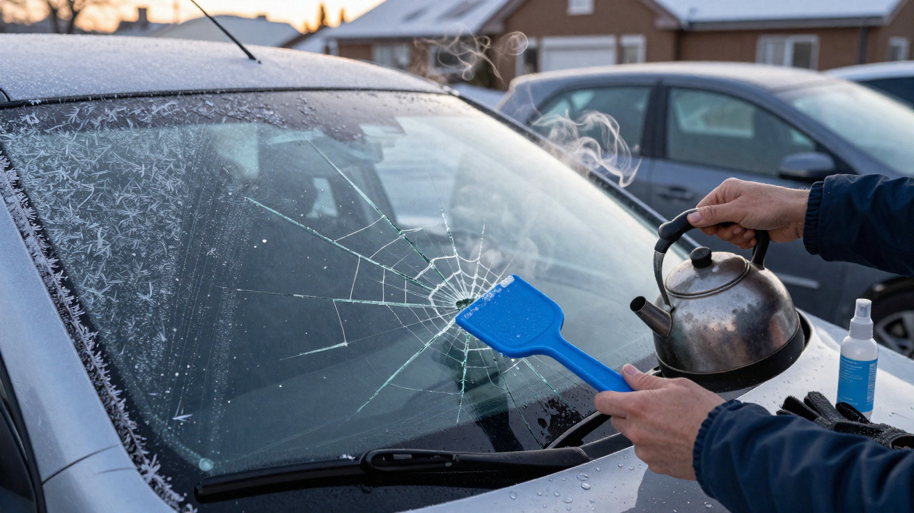 Pessoa usando chaleira para derreter gelo no para-brisa congelado de um carro com raspador azul.
