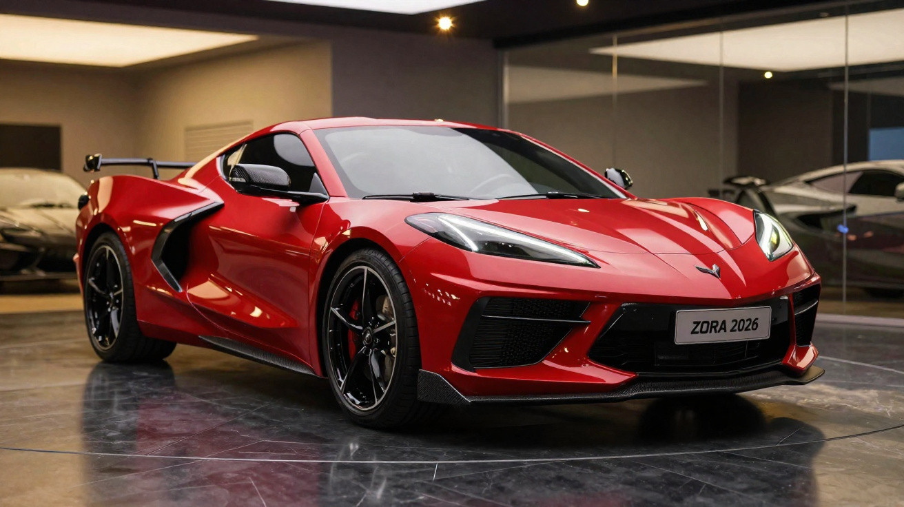 Carro esportivo vermelho modelo Zora 2026 estacionado em piso refletivo dentro de showroom moderno.