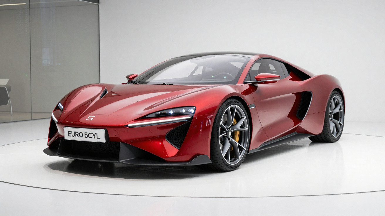 Carro esportivo vermelho metálico com design aerodinâmico e rodas pretas em estúdio branco.