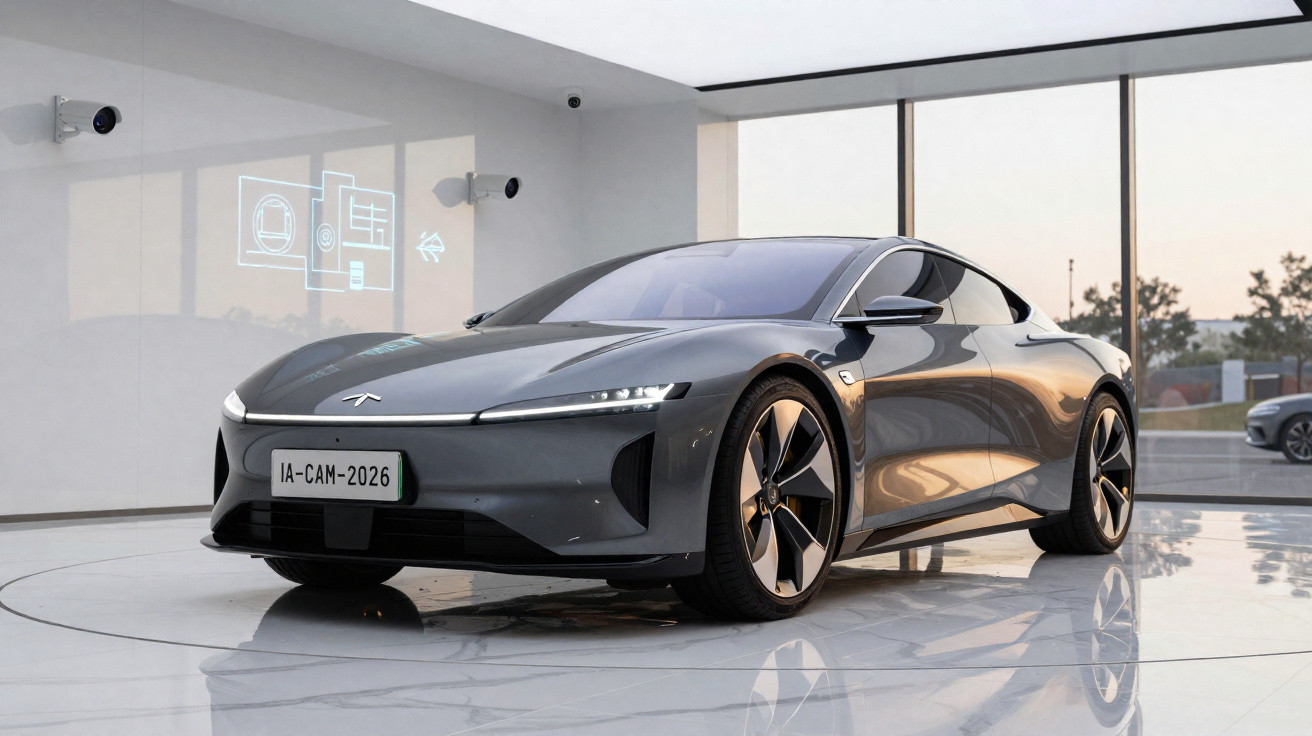 Carro elétrico esportivo cinza em exposição com design futurista e linhas aerodinâmicas, em ambiente interno iluminado.