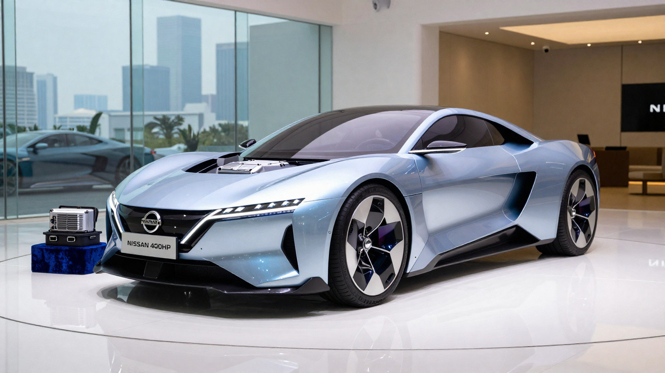 Carro esportivo Nissan 400HP azul metálico exibido em salão com vidro e cidade ao fundo.