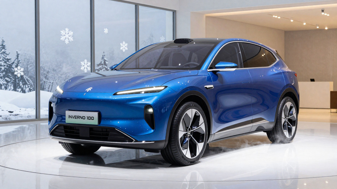 Carro elétrico SUV azul em exposição interna com neve e árvores ao fundo visíveis pela janela.