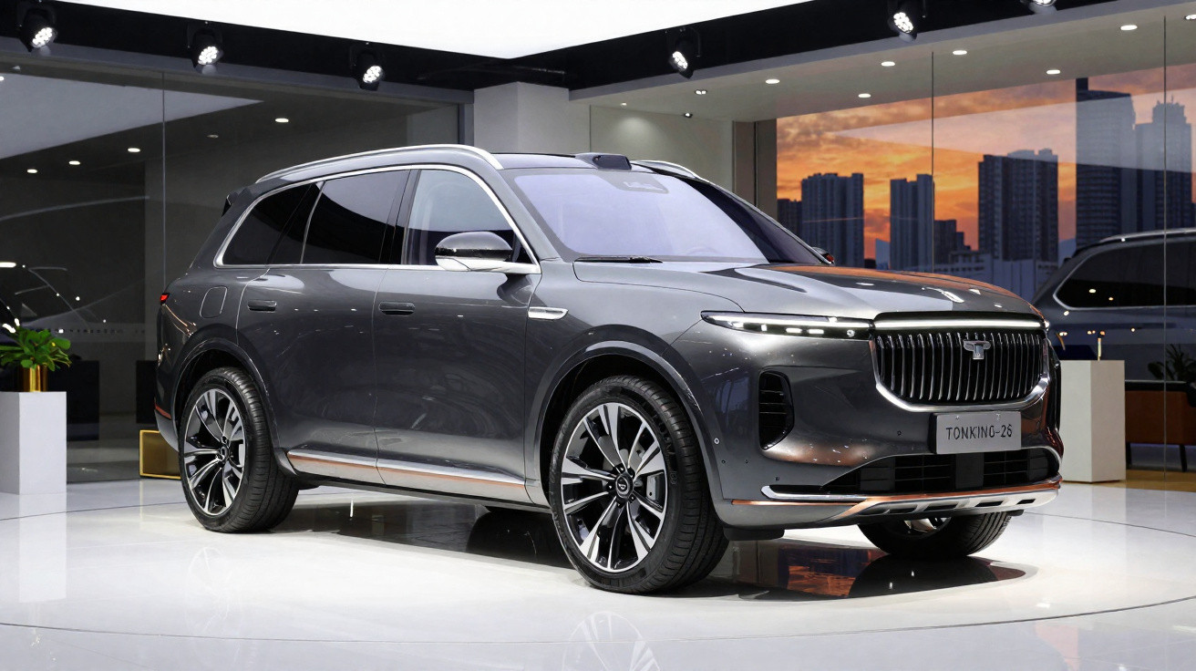 SUV Tonking-26 cinza metálico em exposição interna com vidro refletindo prédios ao entardecer.