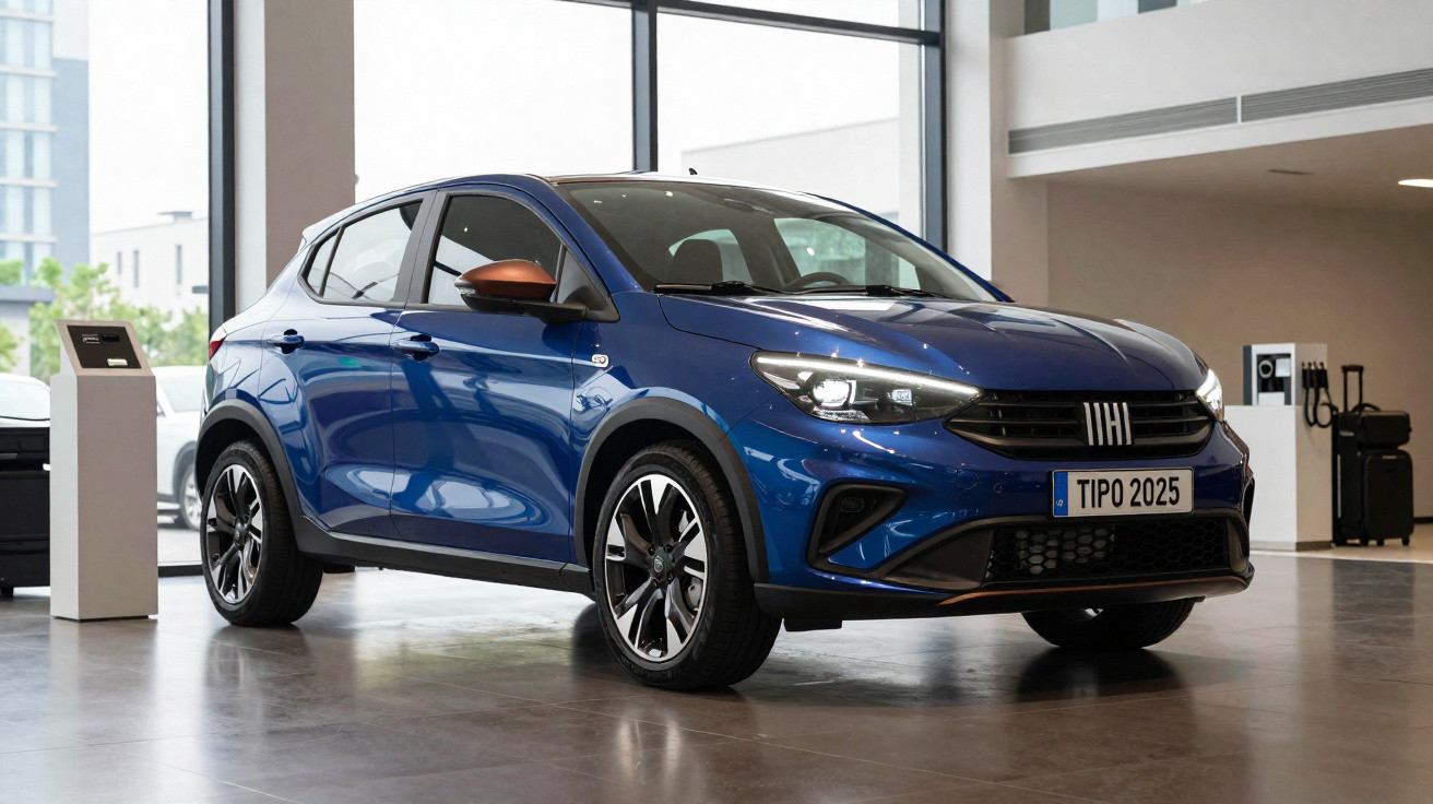 Carro azul Fiat Tipo 2025 em exposição dentro de showroom moderno e iluminação natural.