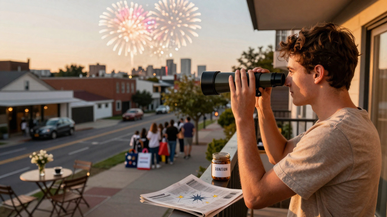 Homem observa fogos de artifício ao entardecer com binóculo na varanda de casa urbana.