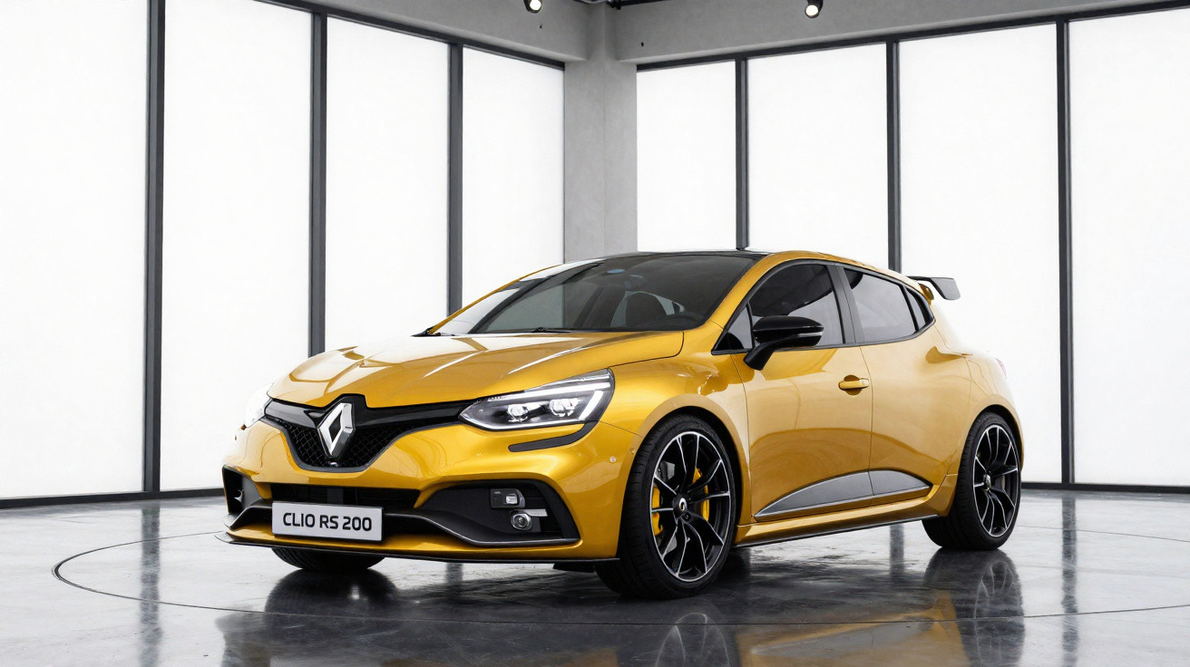 Carro esportivo Renault Clio RS 200 amarelo estacionado em ambiente interno com janelas grandes.