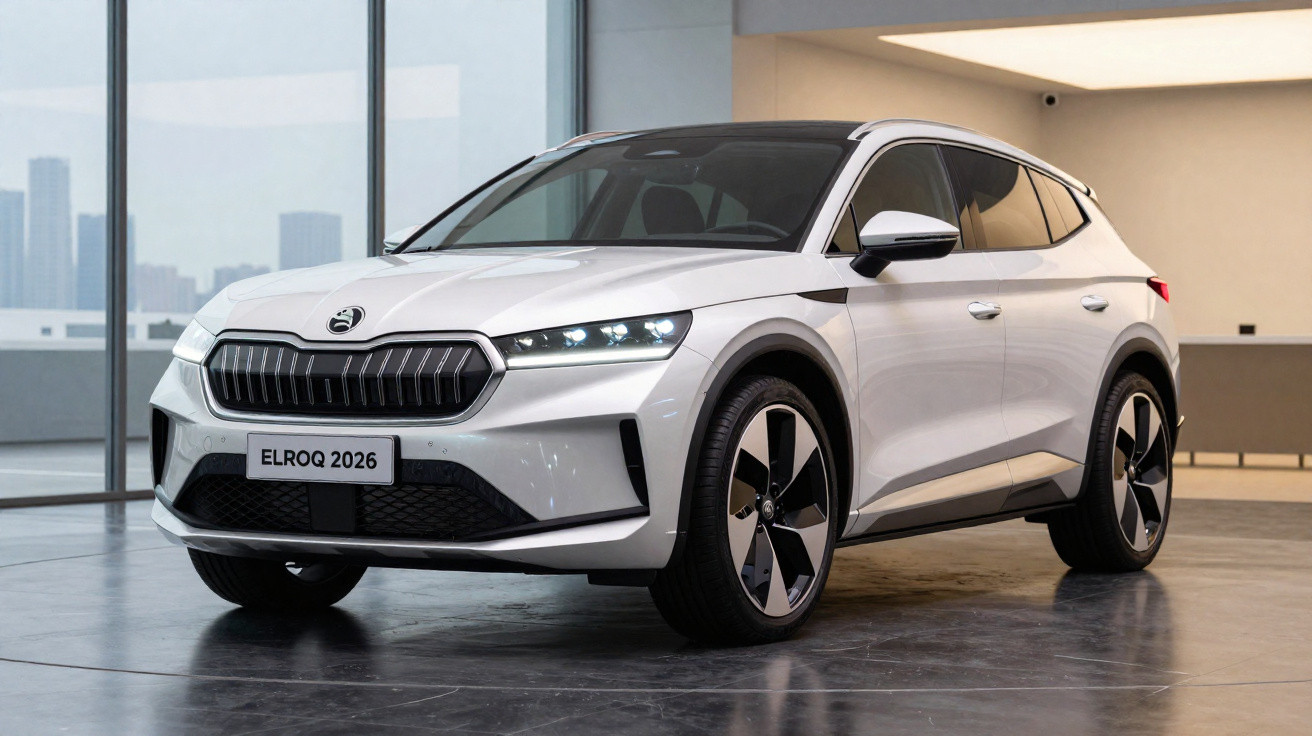 SUV elétrico branco Skoda ELROQ 2026 em ambiente interno com janelas e vista urbana ao fundo.