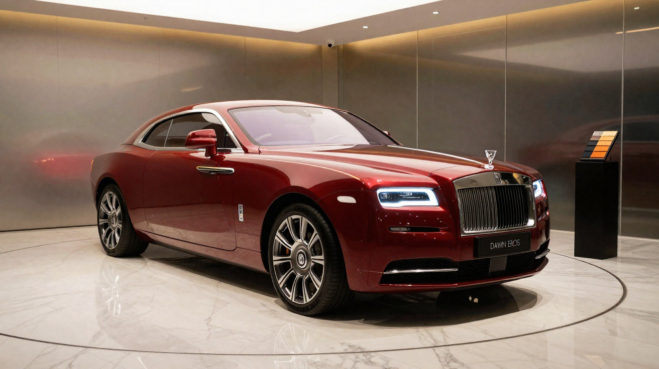 Carro esportivo de luxo vermelho em exposição interna com iluminação sofisticada e detalhes cromados.