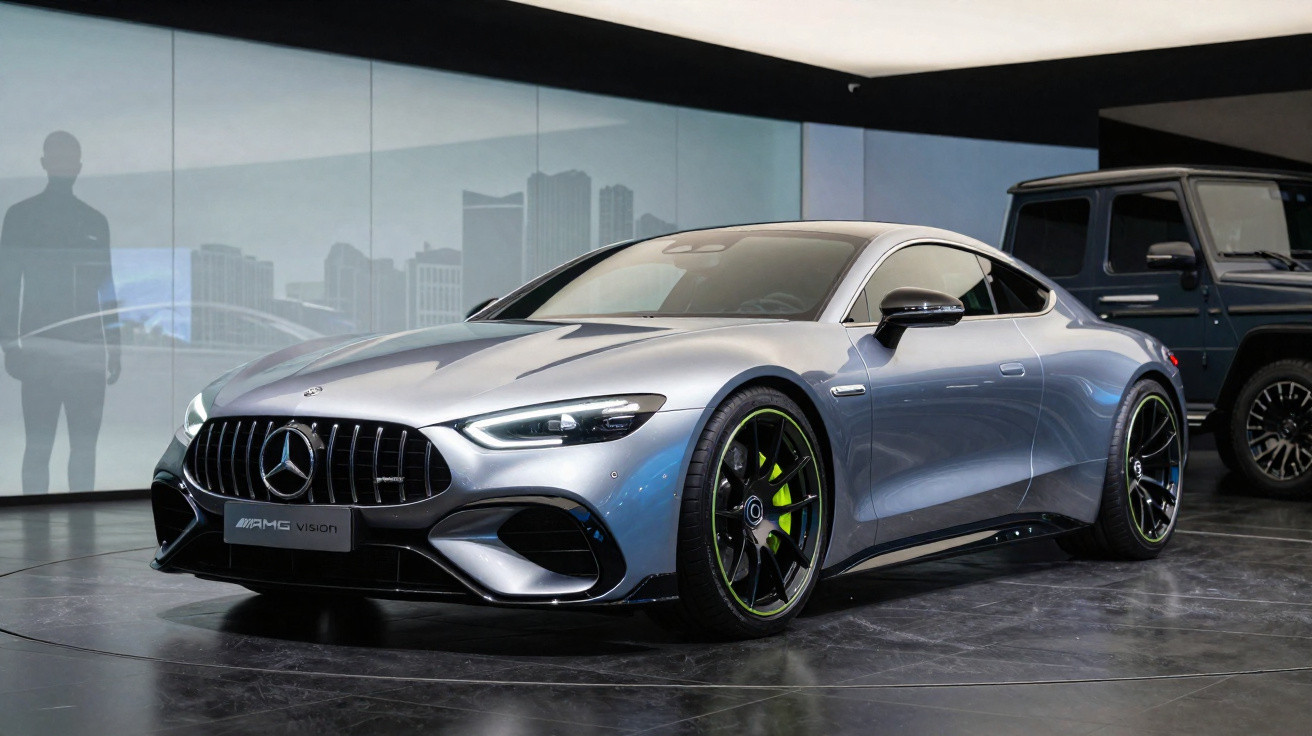 Carro esportivo Mercedes-Benz AMG Vision prata exibido em ambiente interno moderno com SUV ao fundo.