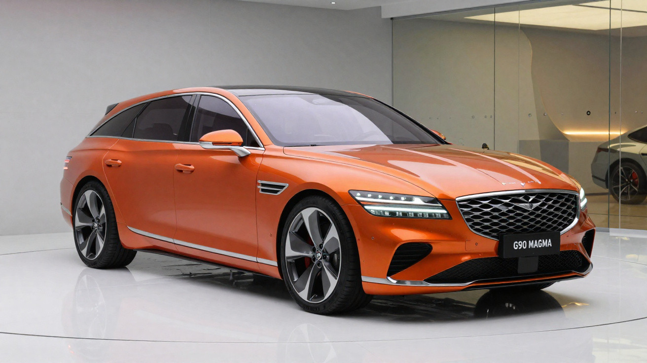 Carro esportivo laranja Genesis G90 Magma estacionado em ambiente moderno e iluminado.
