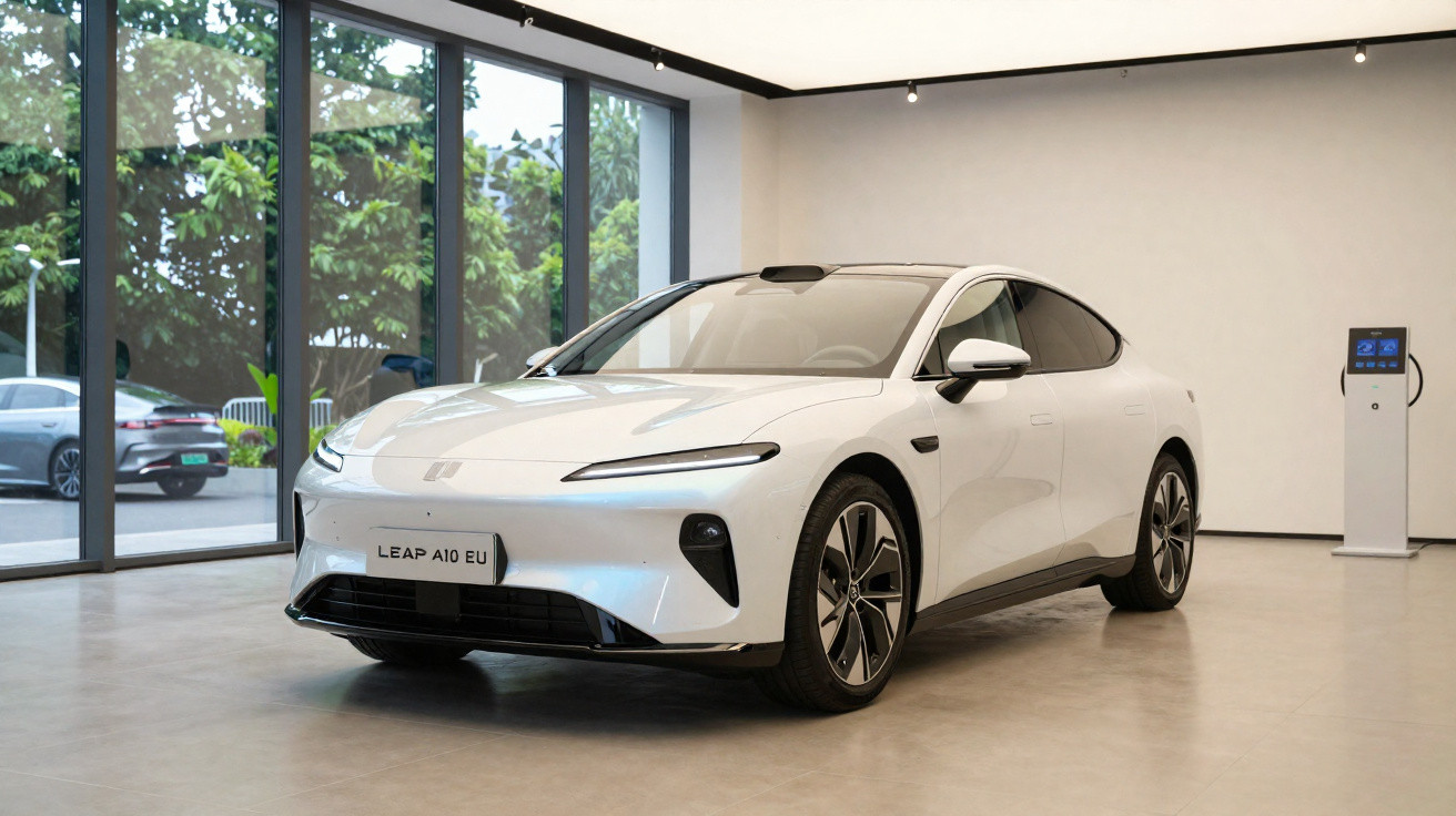 Carro elétrico branco Leap A10 EU exibido em showroom moderno com grandes janelas e estação de carregamento.