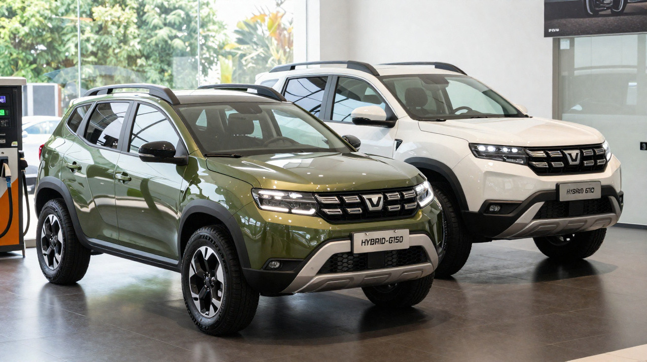 Dois SUVs híbridos Vendo Hybrid G150 e G160 expostos em showroom, um verde e outro branco.