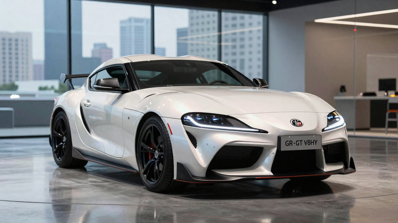 Carro esportivo branco Toyota GR Supra GT exibido em showroom moderno com piso espelhado.