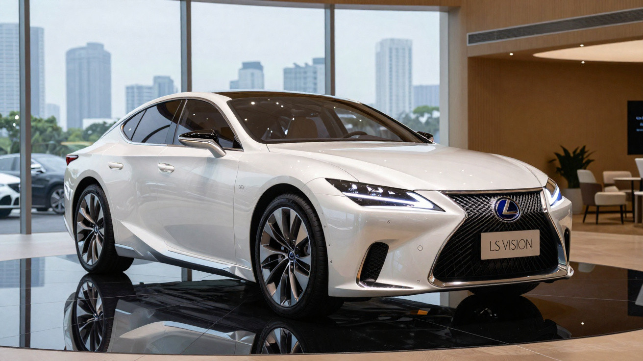 Carro branco Lexus LS Vision exibido em showroom moderno com janelas grandes e vista de prédios ao fundo.