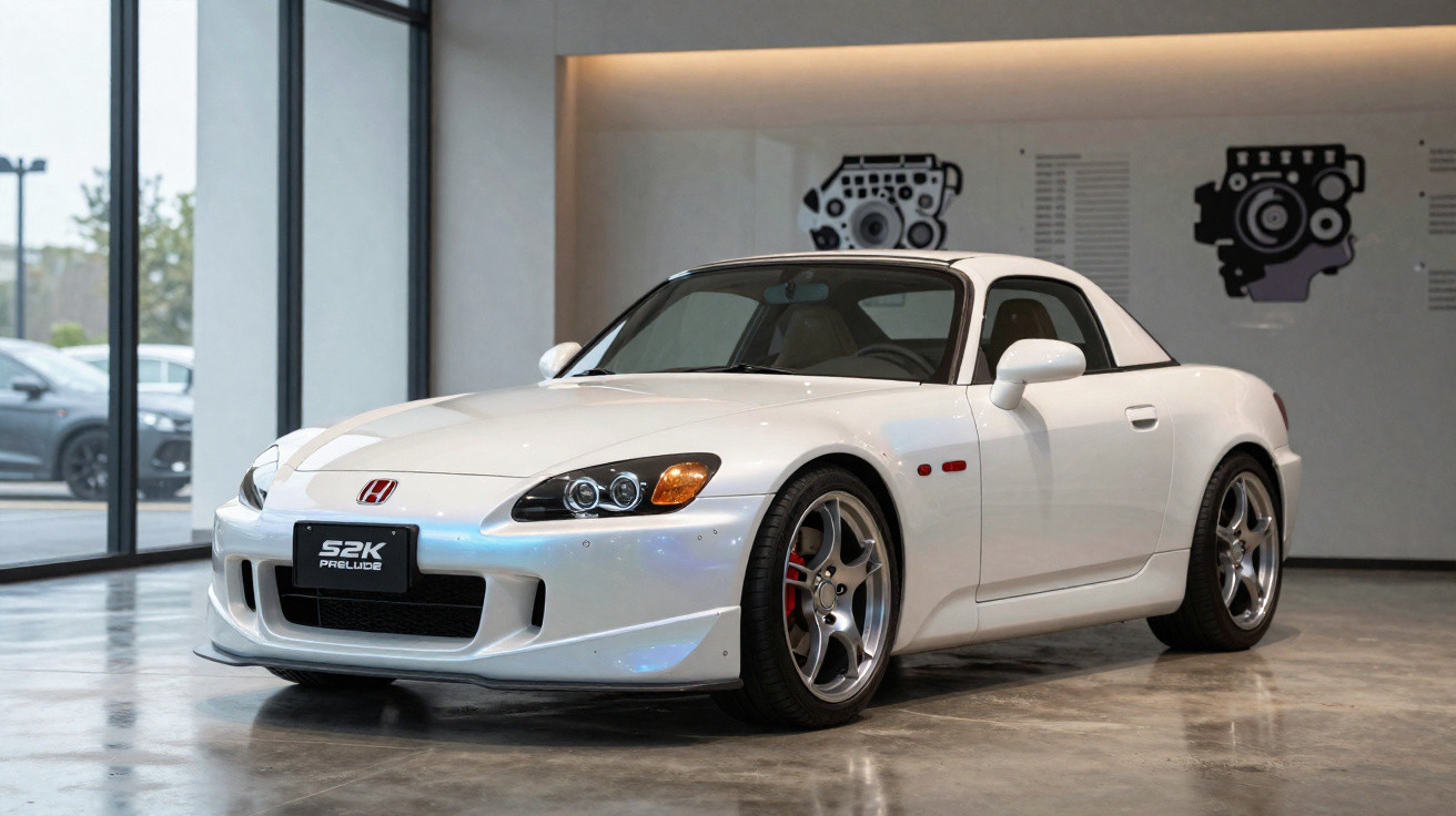 Carro esportivo Honda S2000 branco exibido em ambiente interno com iluminação suave.