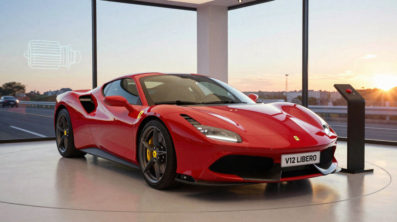 Carro esportivo vermelho Ferrari V12 Libero exibido em showroom com parede de vidro e pôr do sol ao fundo.