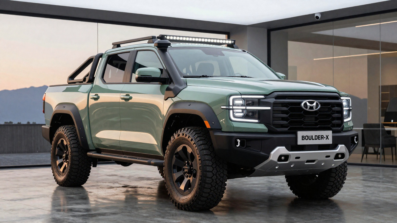 Picape Hyundai Boulder-X verde militar estacionada em piso de concreto, com faróis de LED e teto com barra de iluminação.