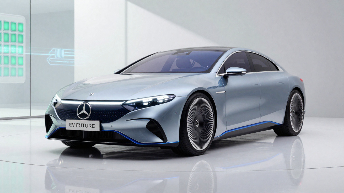 Carro elétrico Mercedes-Benz EV Future prata exibido em ambiente moderno e minimalista.