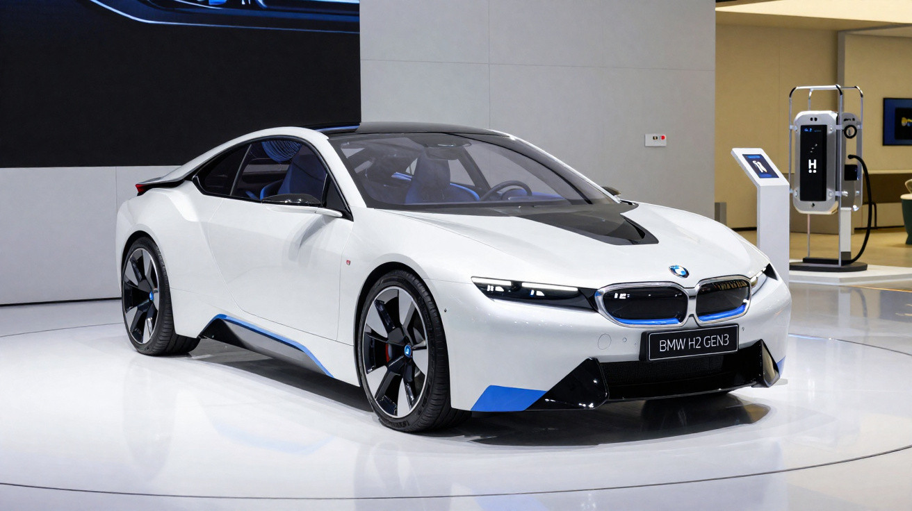 Carro esportivo elétrico BMW H2 GEN3 branco em exposição em ambiente moderno e iluminado.