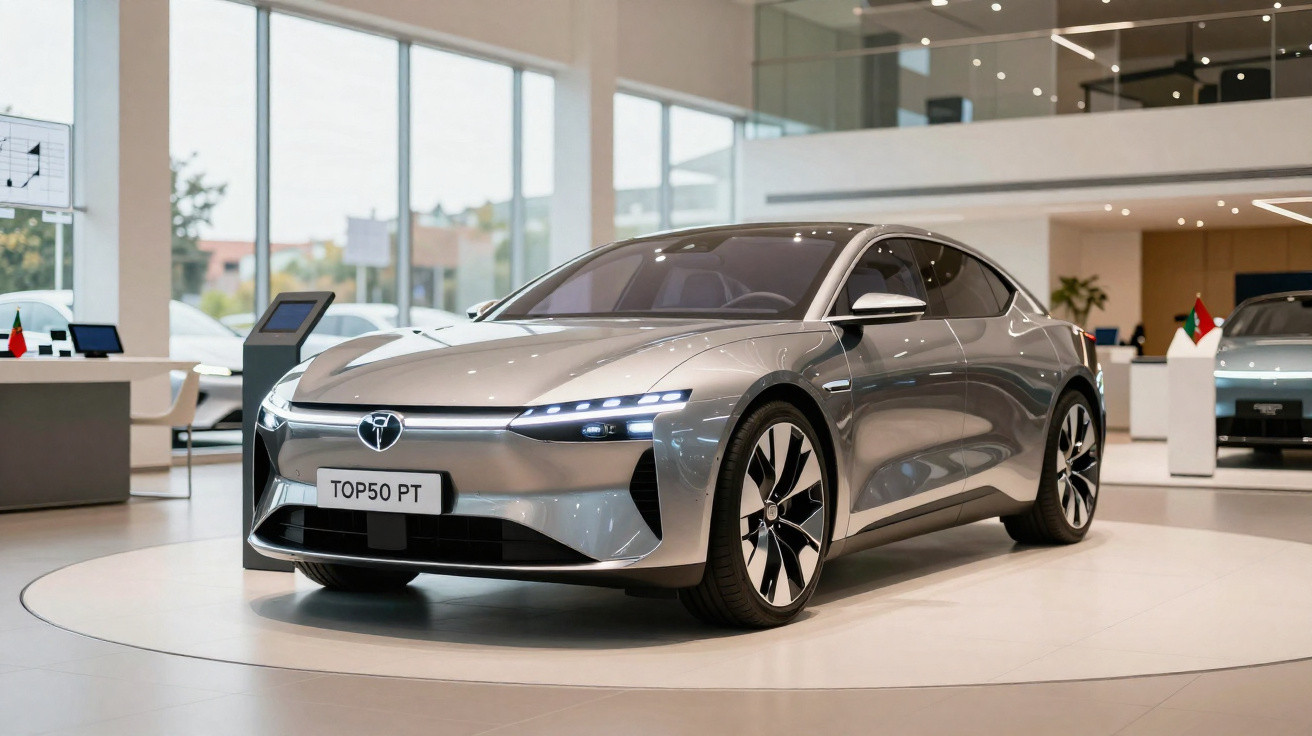 Carro elétrico prata futurista em exposição em showroom moderno e iluminado.