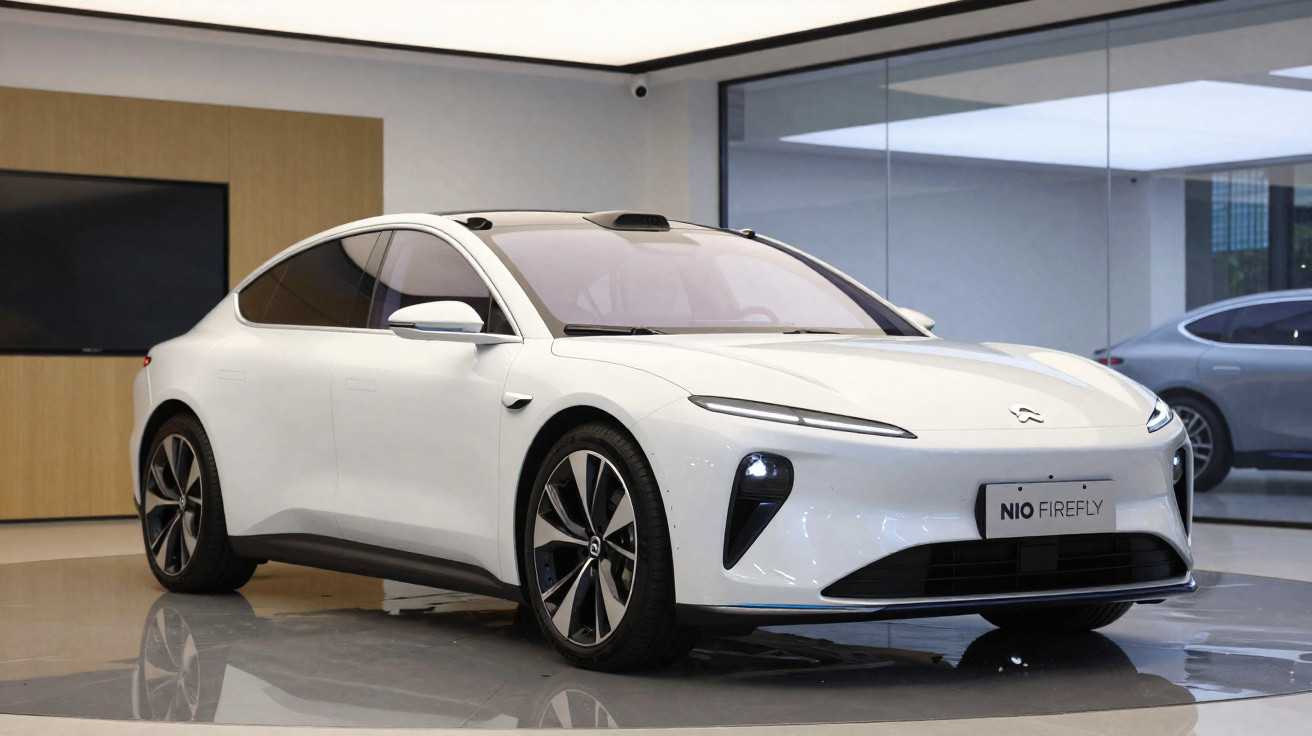 Carro elétrico branco NIO Firefly estacionado em ambiente interno moderno e iluminado.