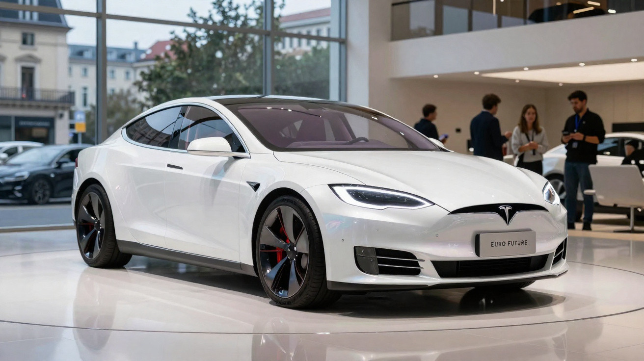 Carro elétrico Tesla branco exposto em ambiente interno moderno com pessoas ao fundo.