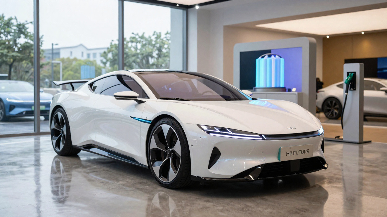 Carro esportivo branco elétrico futurista estacionado em showroom moderno com carregadores ao fundo.