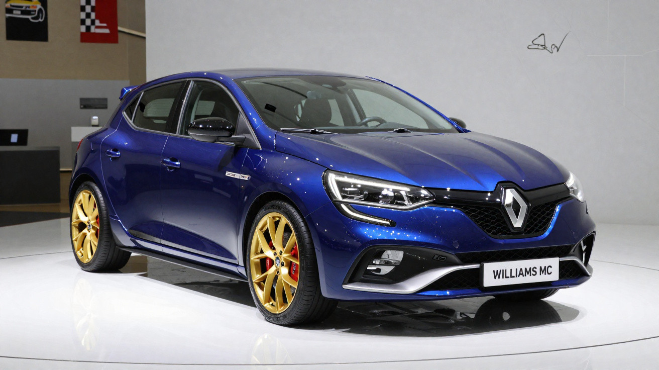 Carro esportivo Renault Williams MC azul com rodas douradas em exposição interna.