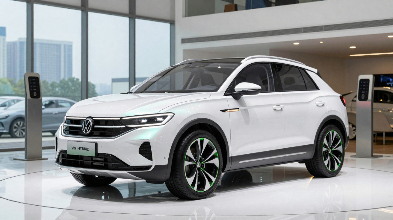 Carro branco VW híbrido em exposição dentro de showroom moderno com piso refletivo.