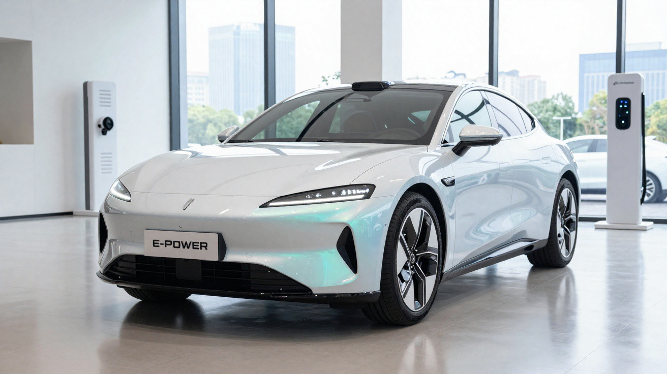 Carro elétrico branco modelo sedã em exposição interna com estação de recarga ao fundo.