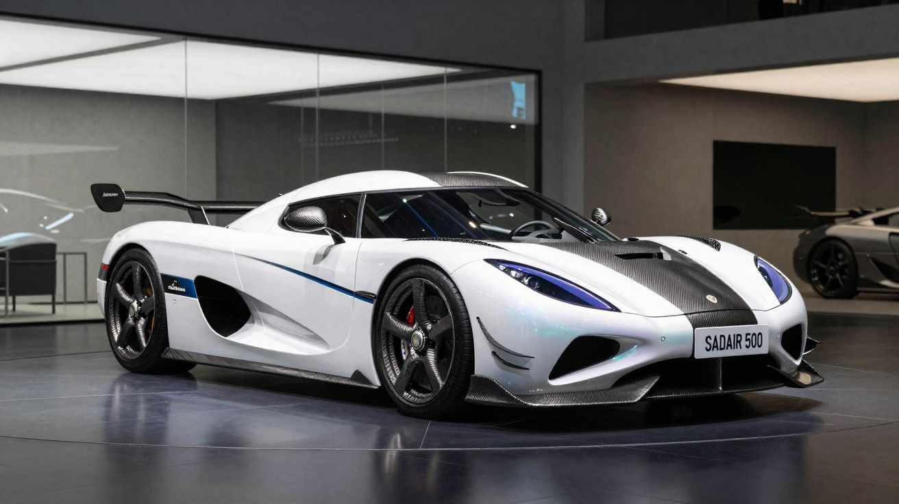 Carro esportivo branco com detalhes em carbono em exposição em ambiente interno moderno.