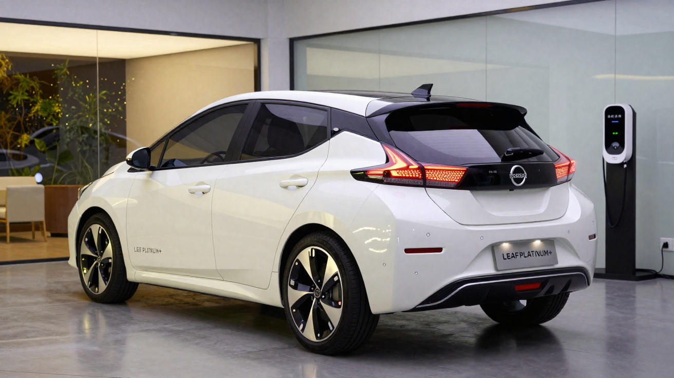 Carro elétrico branco Nissan Leaf Platinum+ estacionado em garagem moderna com carregador conectado à parede.