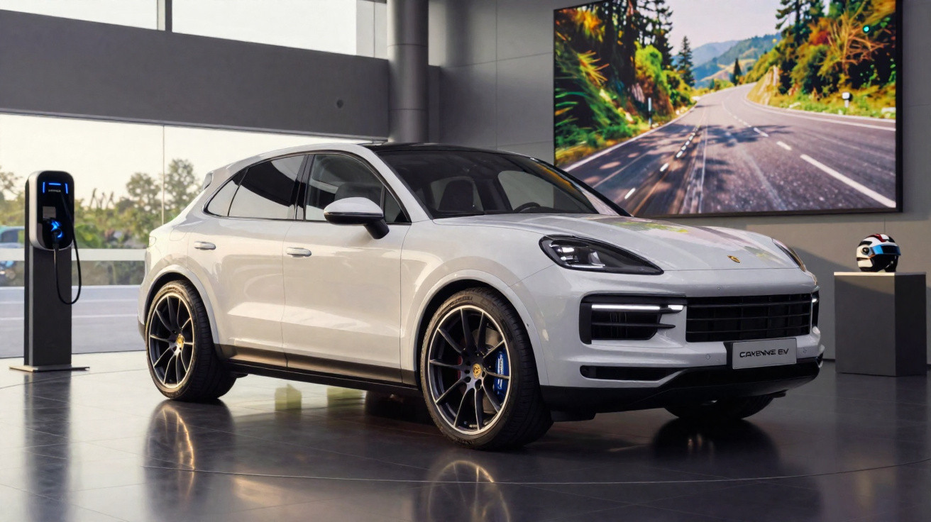 Carro elétrico Porsche Cayenne EV branco exposto em showroom moderno com estação de recarga ao lado.