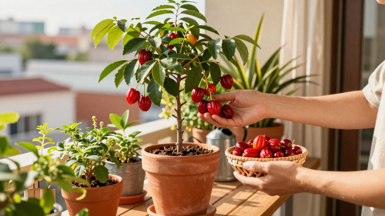 Pessoa colhendo acerolas vermelhas de pé de acerola em vaso numa varanda ensolarada.