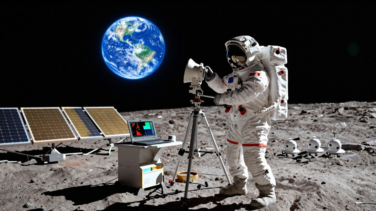 Astronauta na superfície lunar com equipamentos e Terra ao fundo no espaço.
