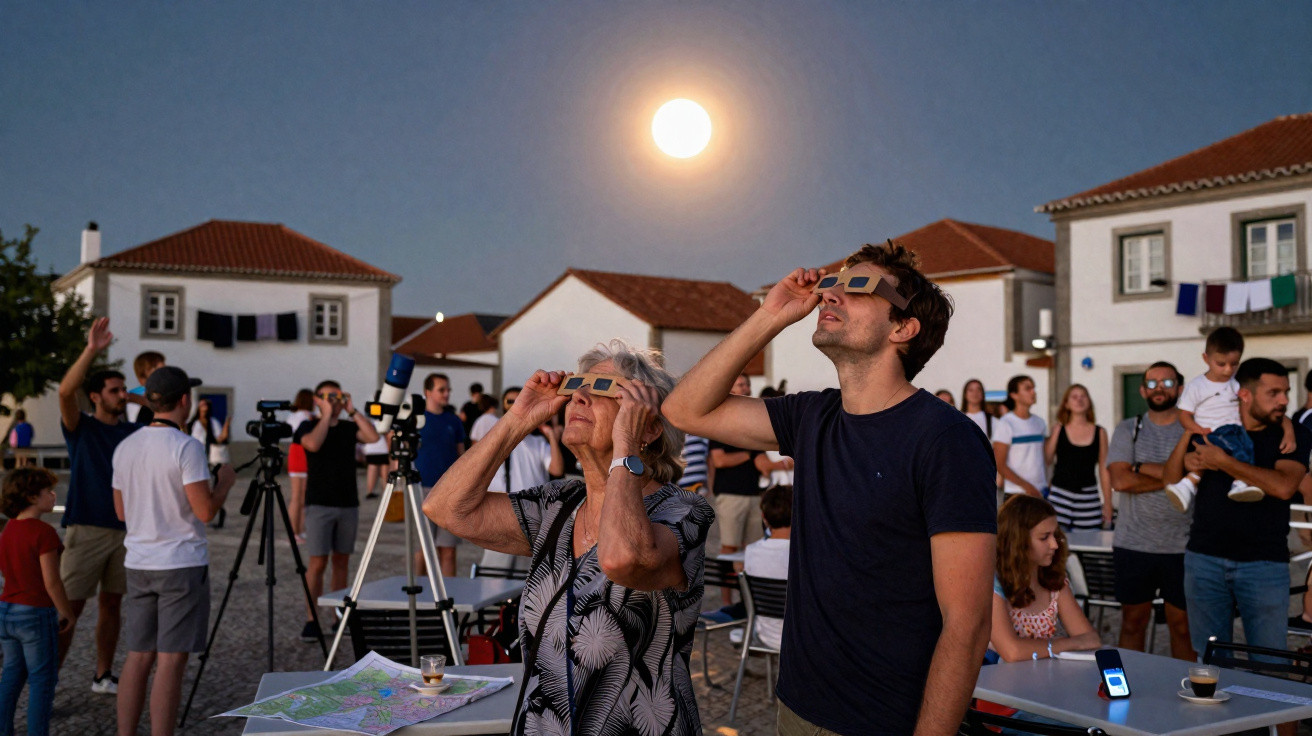 Pessoas observam o céu com óculos especiais durante evento noturno em praça com casas ao fundo.
