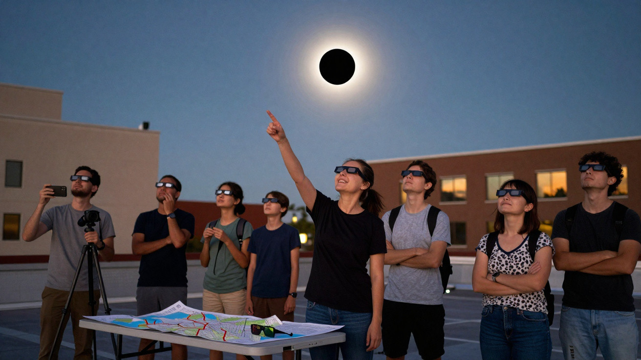 Grupo de pessoas usando óculos especiais observando um eclipse solar na cidade durante o crepúsculo.