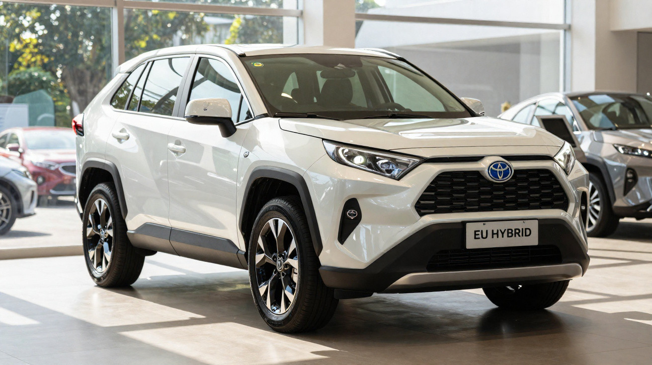Carro SUV branco Toyota híbrido exposto em showroom com luz natural entrando pelas janelas.