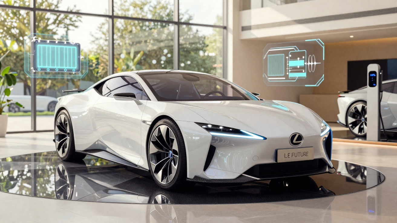 Carro elétrico branco Lexus LE FUTURE em exibição futurista em showroom moderno com interface digital holográfica.