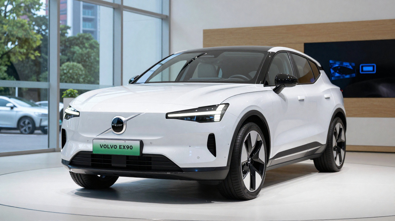 Carro elétrico branco Volvo EX90 em exposição, com design moderno e faróis LED afilados.