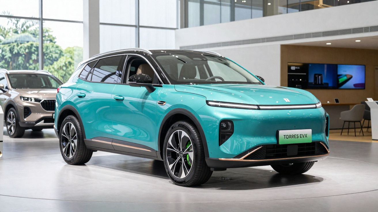 SUV elétrico azul turquesa modelo Torres EVX exposto em salão de automóveis moderno.