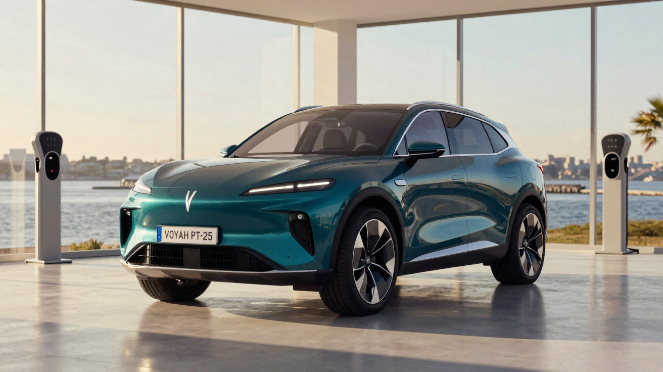 Carro elétrico SUV verde estacionado em garagem com posto de recarga e vista para o mar.