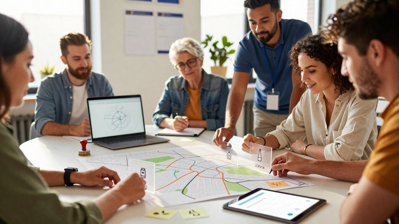 Equipe diversa analisando mapa com marcações em mesa durante reunião de planejamento urbano.
